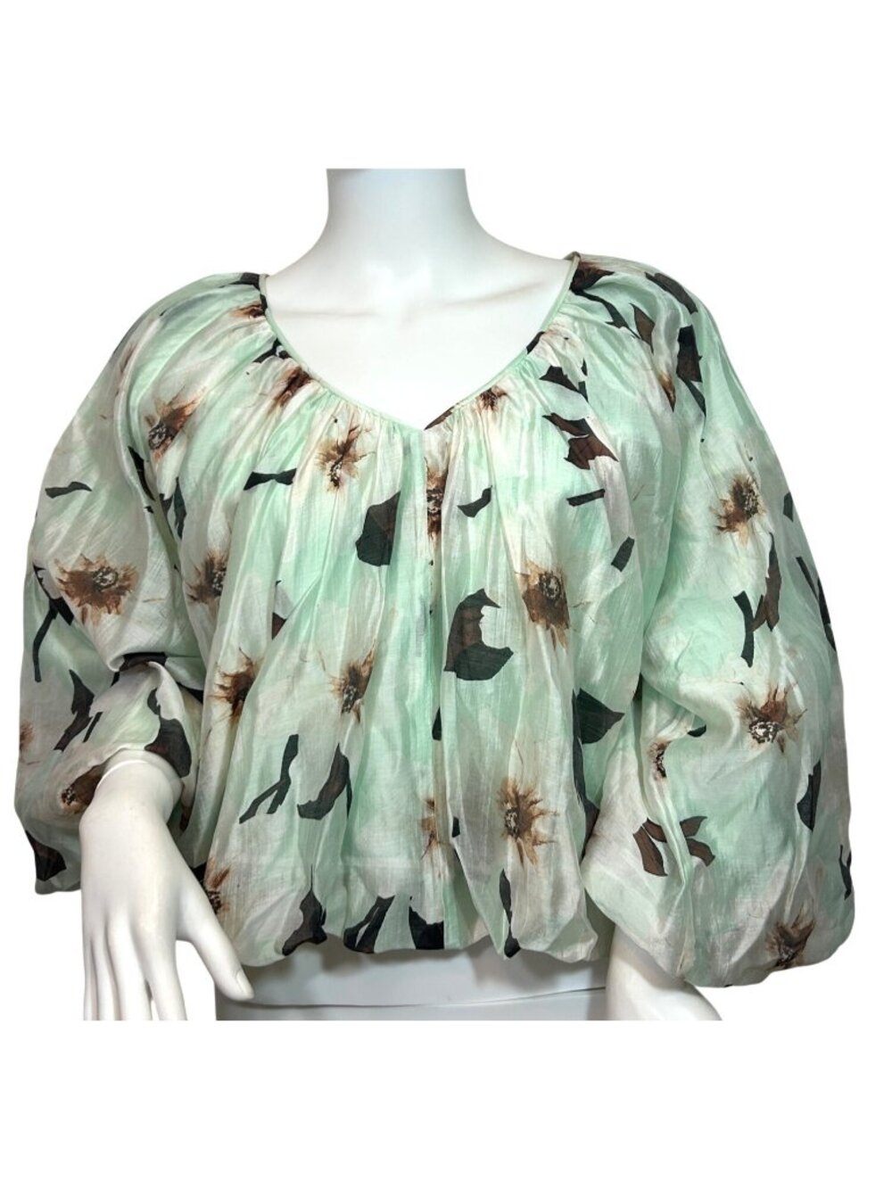 INC International Concepts Bubble Blouse M Mint Floral V-Neck 3/4 Sleeve NWT